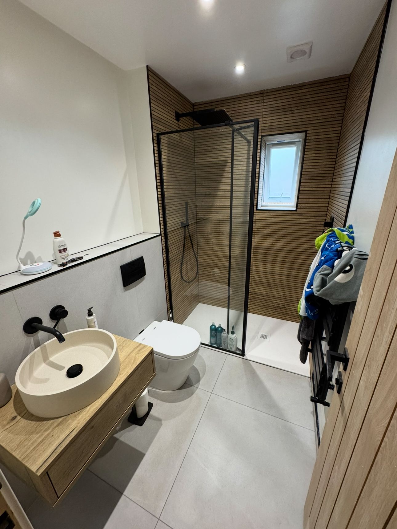 Bathroom Renovation — Walk-In Shower & Wood-Effect Tiling