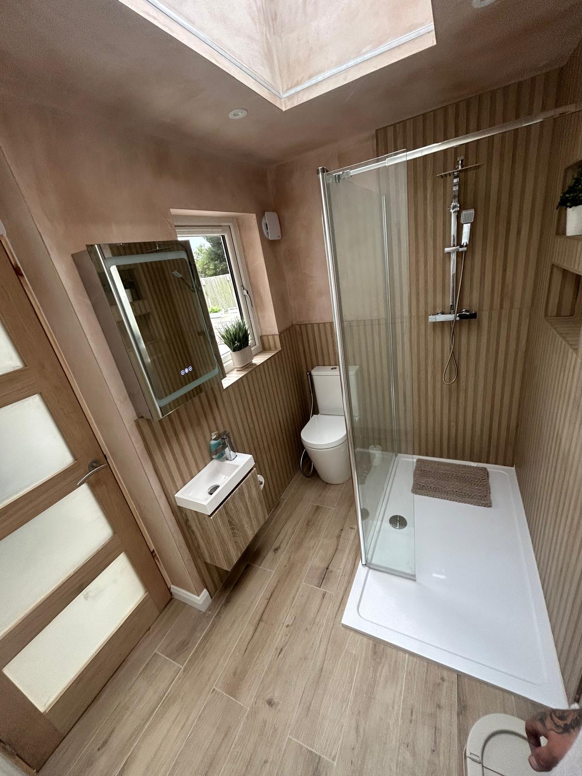Wood-Effect Shower Room with Roof Lantern & Walk-In Shower