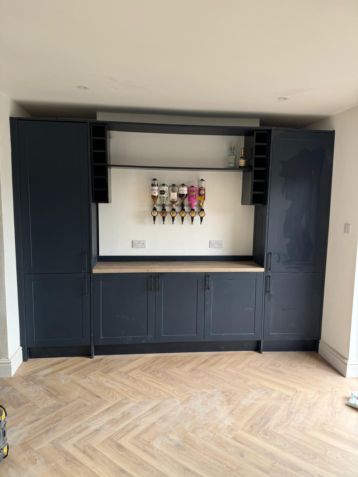 Bespoke Navy Blue Home Bar with Oak Worktop